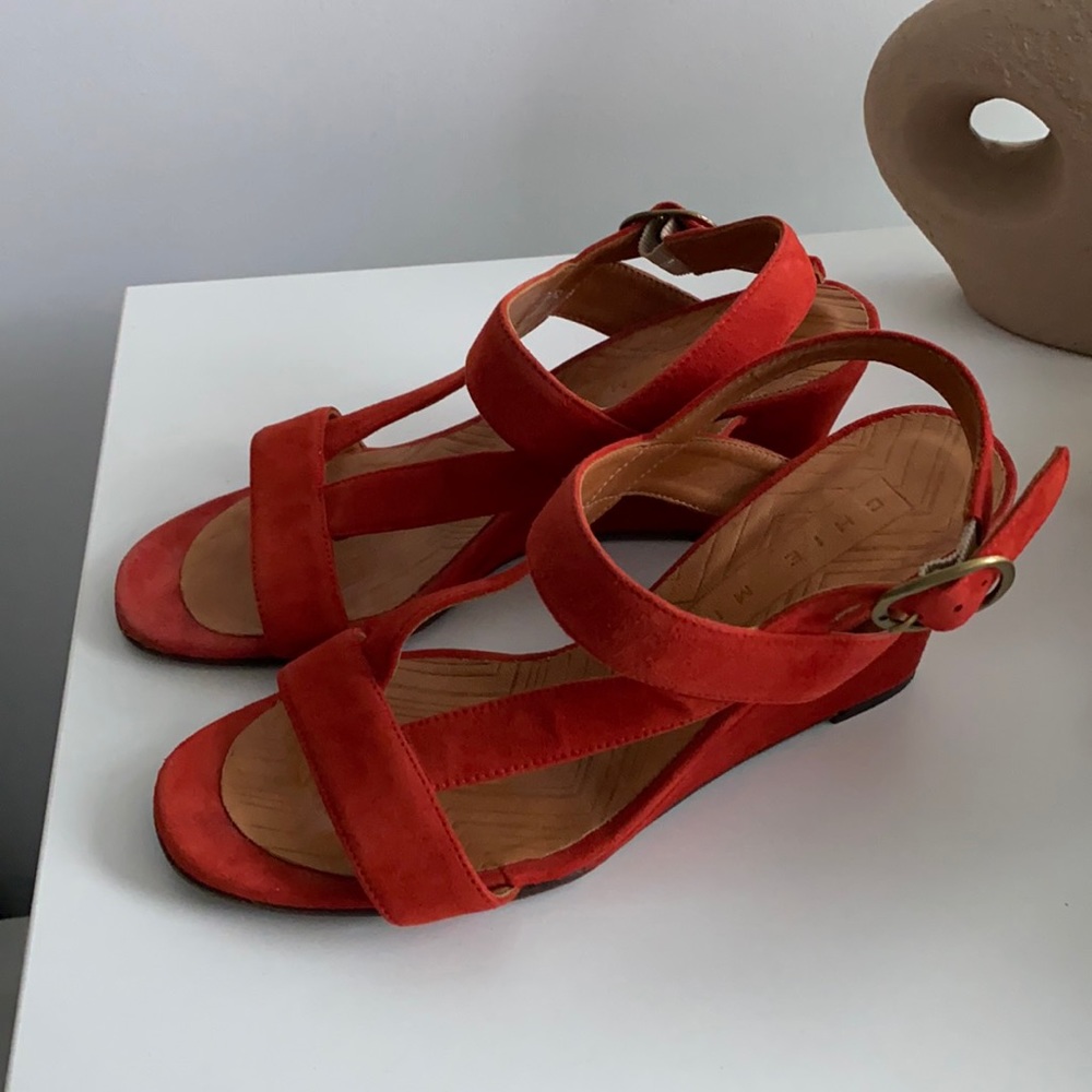 Chie Mihara Orange Red Suade Strap Wedge Heels